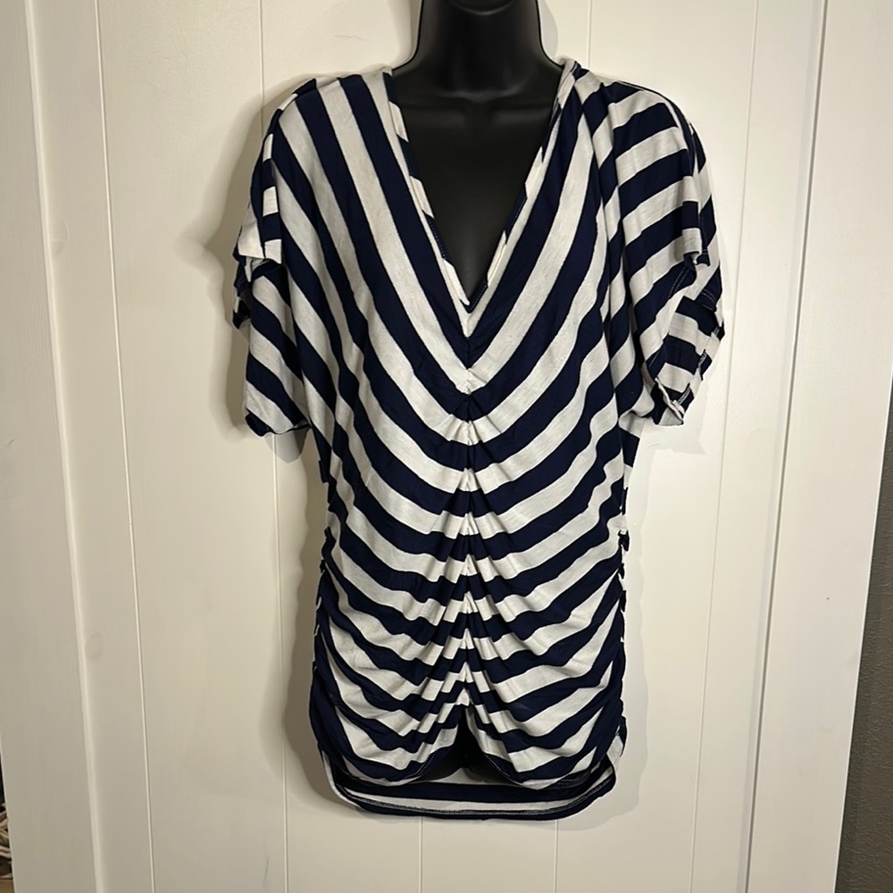 Studio Y Navy and White Striped V-Neck Top